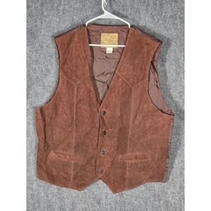 Vintage Genuine Leather Brown Suede Vest Western Style Quilted Lining Size Large